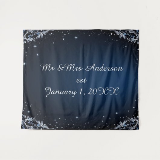 Elegant Blue and Silver Wedding Photo Backdrop タペストリー (正面(横))