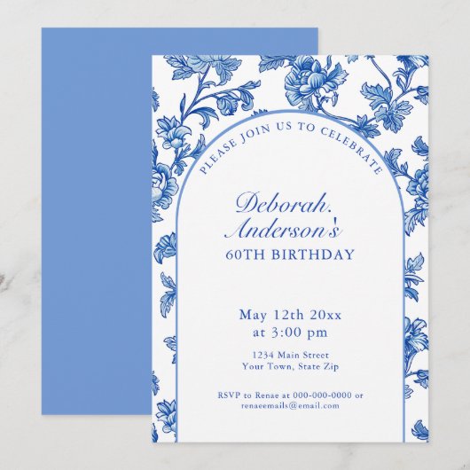 Elegant Blue and White 60th Birthday Party  招待状 (正面/裏面)