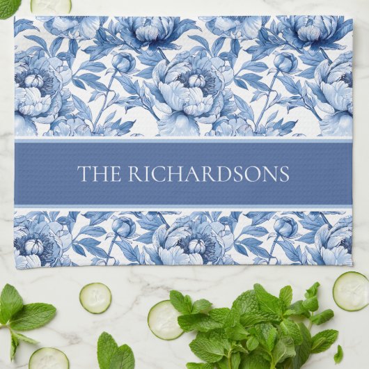 Elegant Blue and White Chinoiserie Floral Pattern キッチンタオル (折り畳み)