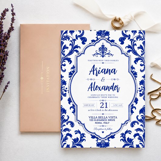 Elegant Blue and White Floral Classic Chinoiserie 招待状