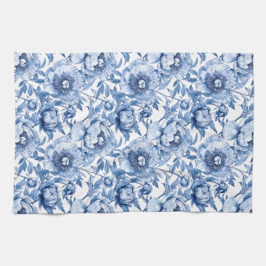 Elegant Blue and White Flower Chic Floral Pattern キッチンタオル (横)