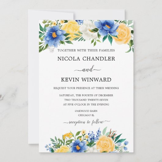 Elegant Blue and Yellow Floral Wedding 招待状 (正面)