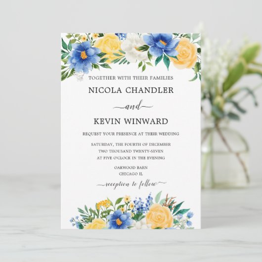 Elegant Blue and Yellow Floral Wedding 招待状 (スタンド正面)