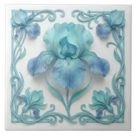 Elegant Blue Art Deco Stylized Lilies タイル