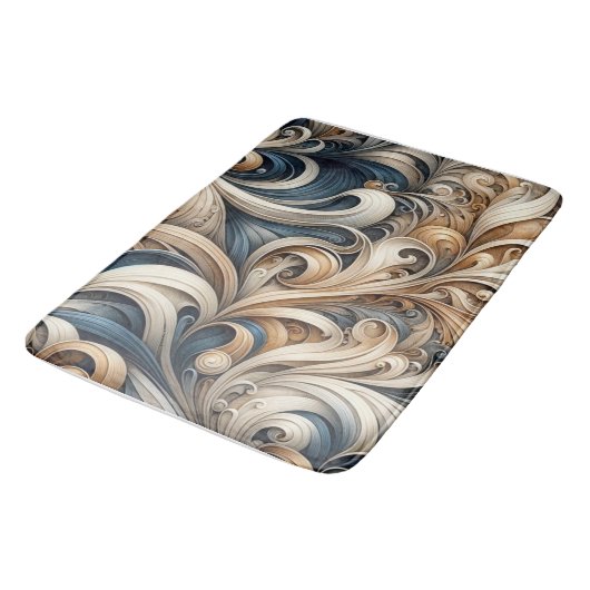 Elegant Blue Beige Baroque Swirl Pattern バスマット (アングル)