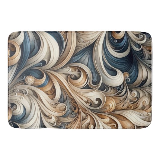 Elegant Blue Beige Baroque Swirl Pattern バスマット (正面)