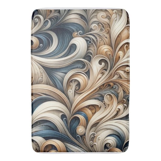 Elegant Blue Beige Baroque Swirl Pattern バスマット (正面縦)