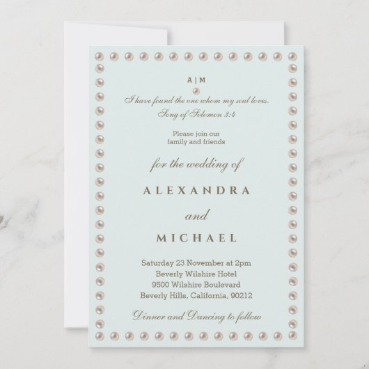 Elegant Blue Bible Verse Pearl Christian Wedding  招待状 (正面)