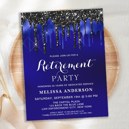 Elegant Blue Black Glitter Drips Retirement Party  ポストカード