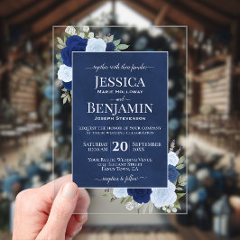 Elegant Blue Boho Chic Roses Stylish Text Wedding アクリル招待状