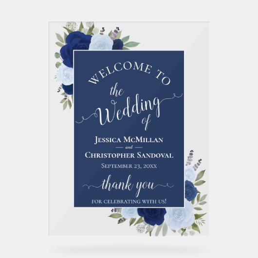 Elegant Blue Boho Chic Roses Wedding Welcome アクリルサイン (正面)