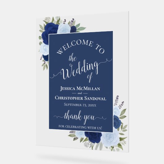 Elegant Blue Boho Chic Roses Wedding Welcome アクリルサイン (傾斜)