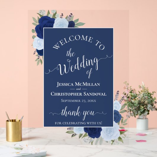 Elegant Blue Boho Chic Roses Wedding Welcome アクリルサイン (ウェディング)