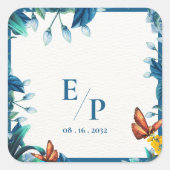 Elegant Blue Botanical Butterfly Monogram Wedding スクエアシール (正面)