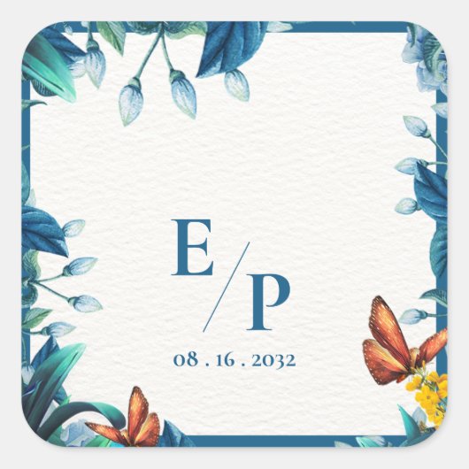 Elegant Blue Botanical Butterfly Monogram Wedding スクエアシール (正面)