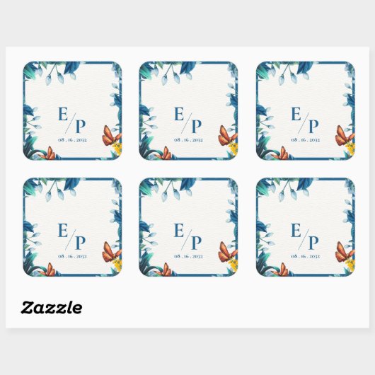Elegant Blue Botanical Butterfly Monogram Wedding スクエアシール (シート)