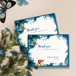 Elegant Blue Botanical Butterfly Wedding Thank You ポストカード