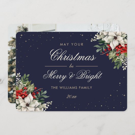 Elegant Blue Botanical Photo Christmas シーズンカード (正面/裏面)