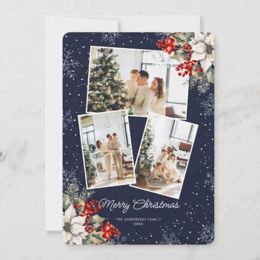 Elegant Blue Botanical Photo Christmas Card シーズンカード (正面)