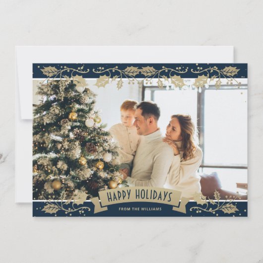 Elegant Blue Botanical Photo Happy Holidays Card シーズンカード (正面)
