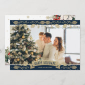 Elegant Blue Botanical Photo Happy Holidays Card シーズンカード (正面/裏面)