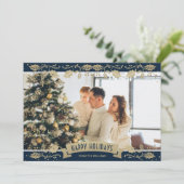 Elegant Blue Botanical Photo Happy Holidays Card シーズンカード (スタンド正面)