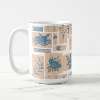 Elegant Blue Botanical Rabbit & Floral Pattern Mug コーヒーマグカップ