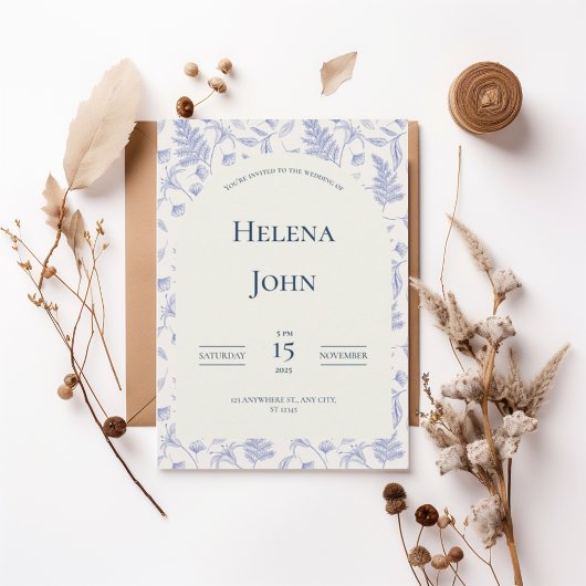 Elegant Blue Botanical Wedding Invitation 招待状
