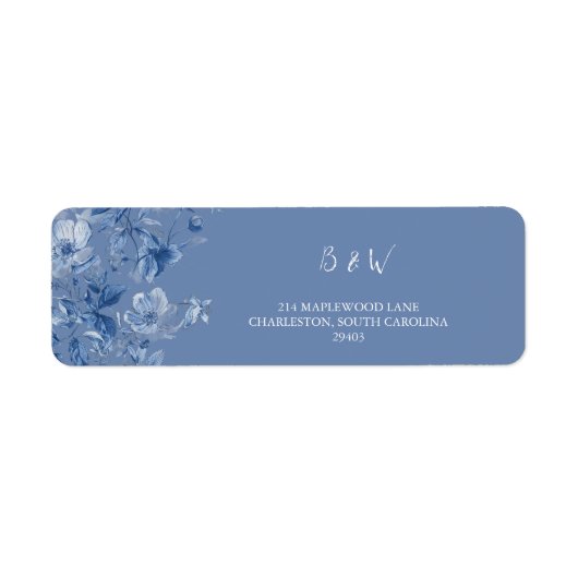 Elegant Blue Botanical Wedding Return Address  ラベル (正面)