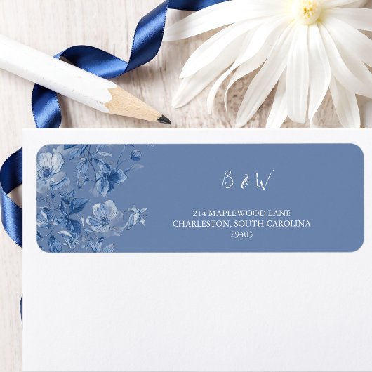 Elegant Blue Botanical Wedding Return Address  ラベル