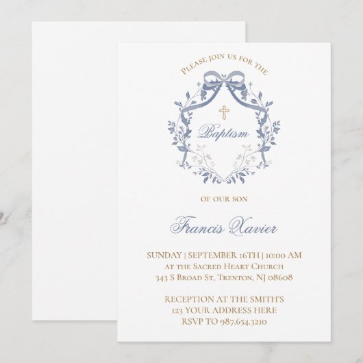  elegant blue bow | Baptism 招待状 (正面/裏面)