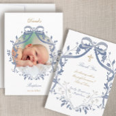 elegant blue bow Baptism small thank you card 招待状