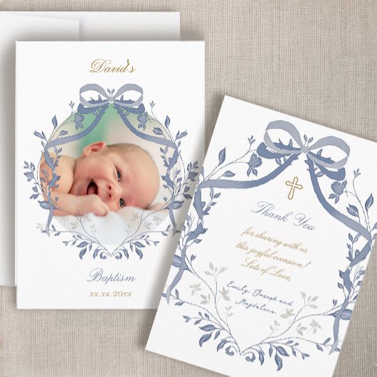 elegant blue bow Baptism small thank you card 招待状