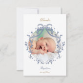 elegant blue bow Baptism small thank you card 招待状 (正面)