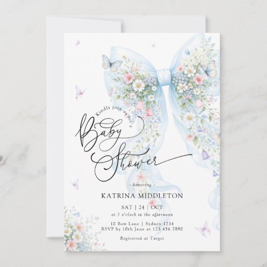 Elegant Blue Bow Bloom Butterfly Baby Shower 招待状 (正面)