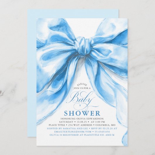 Elegant Blue Bow Boy Baby Shower 招待状 (正面/裏面)
