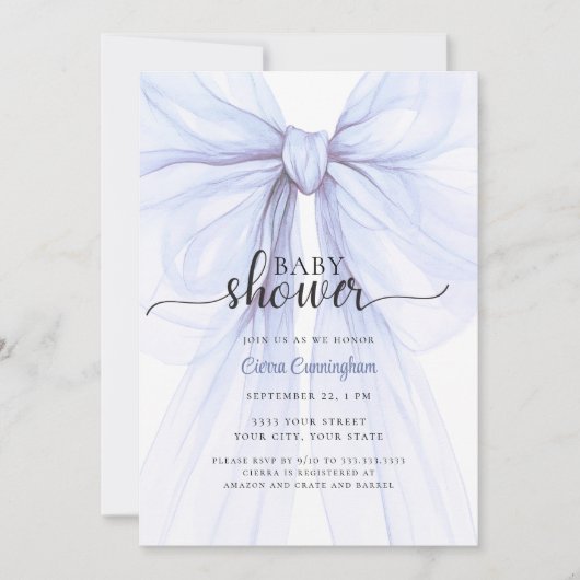 Elegant Blue Bow Boy Baby Shower Invitation 招待状 (正面)