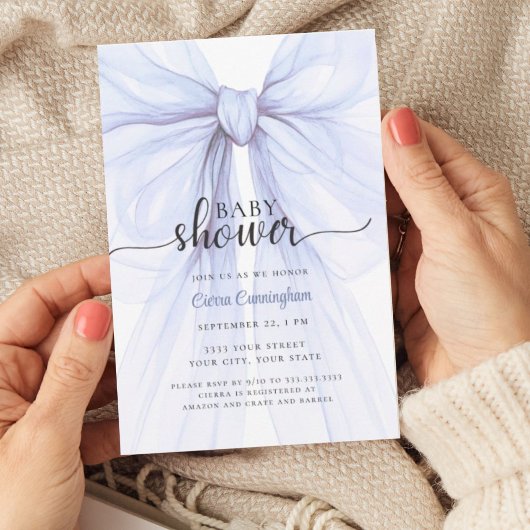 Elegant Blue Bow Boy Baby Shower Invitation 招待状