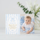 Elegant Blue Bow Boy Baptism Photo Flat サンキューカード (スタンド正面)