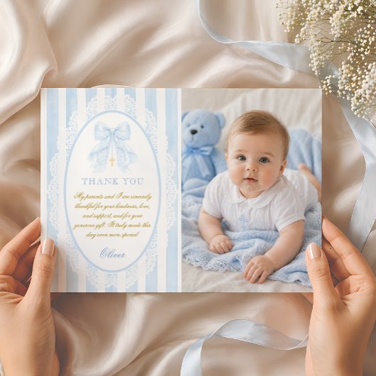 Elegant Blue Bow Boy Baptism Photo Flat サンキューカード