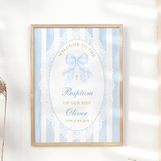 Elegant Blue Bow Boy Baptism Welcome ポスター