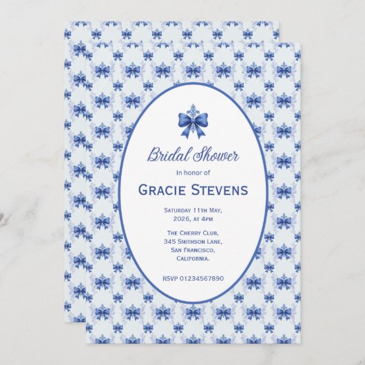 Elegant Blue Bow Bridal Shower 招待状 (正面/裏面)