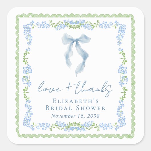 Elegant Blue Bow Bridal Shower Thank You スクエアシール (正面)