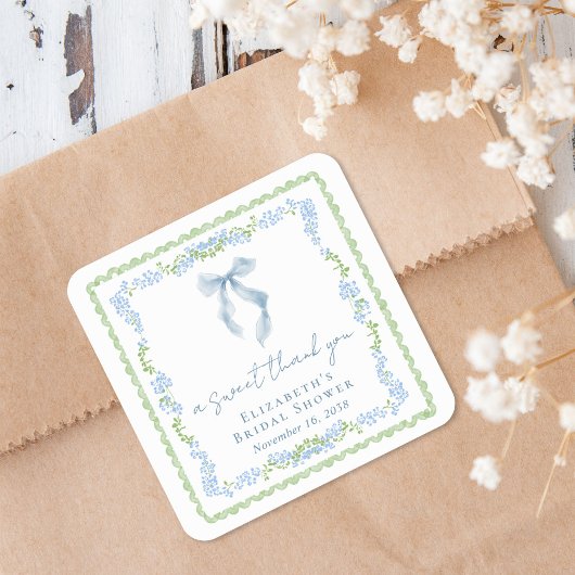Elegant Blue Bow Bridal Shower Thank You スクエアシール