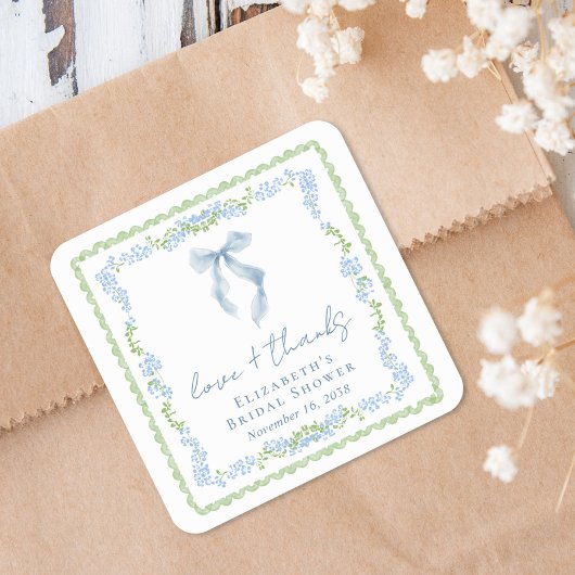 Elegant Blue Bow Bridal Shower Thank You スクエアシール