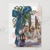 Elegant Blue Bow Christmas Two Photo Holiday Card シーズンカード (正面)