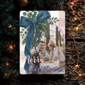 Elegant Blue Bow Christmas Two Photo Holiday Card シーズンカード