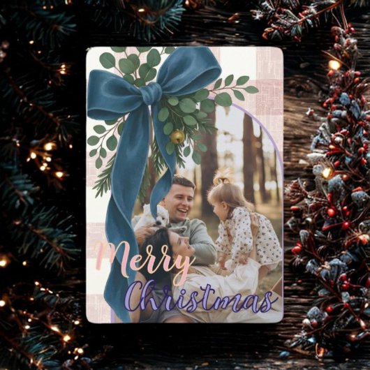 Elegant Blue Bow Christmas Two Photo Holiday Card シーズンカード