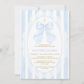 Elegant Blue Bow & Cross Boy Baptism 招待状 (正面)