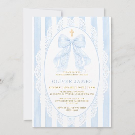 Elegant Blue Bow & Cross Boy Baptism 招待状 (正面)